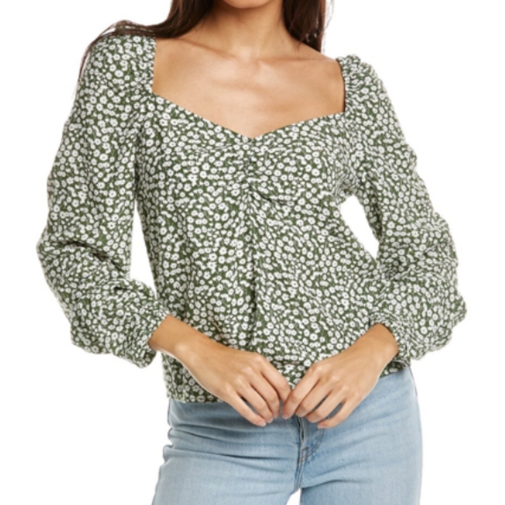 Boden Top Sweetheart Neckline Long Blouson Sleeve Tulip Sprig Print Green 6 NWT